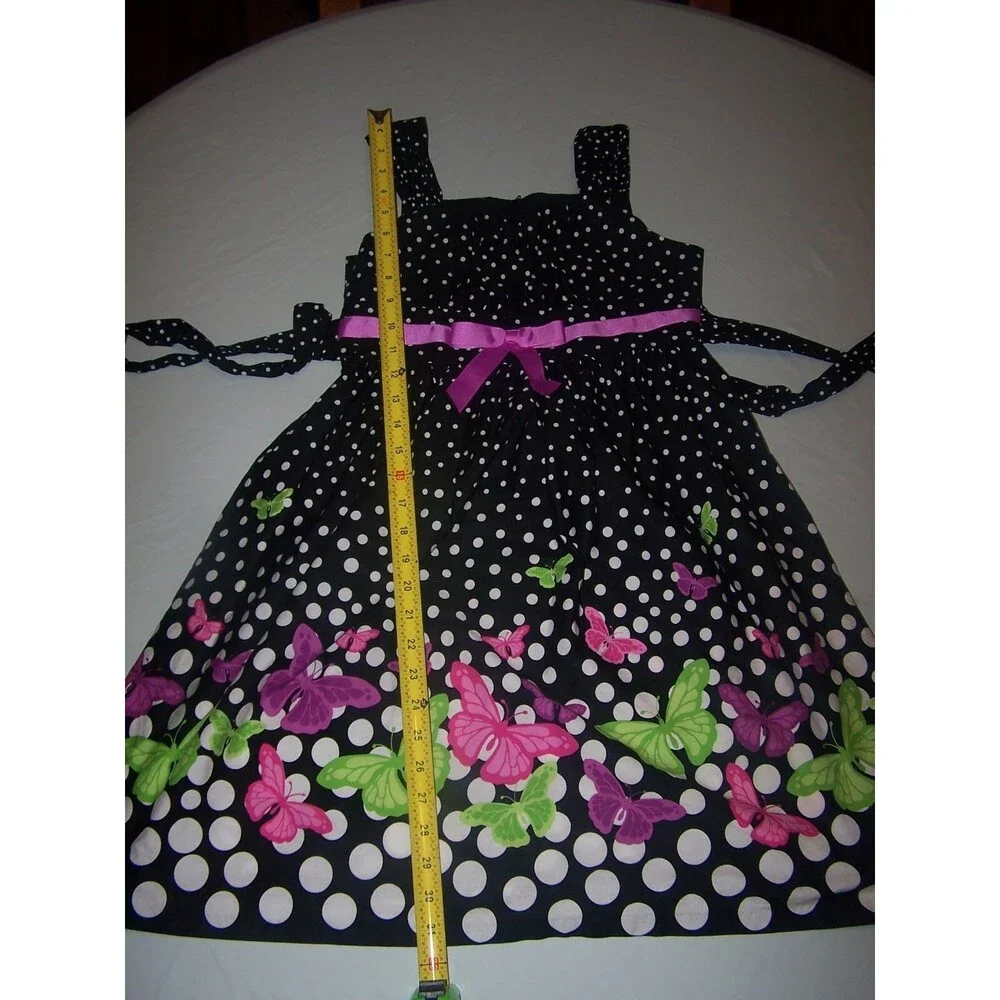 Girls JESSICA ANN BLACK AND‎ WHITE/ POKADOT W/ PINK BUTTERFLY'S  Dress Size 12
